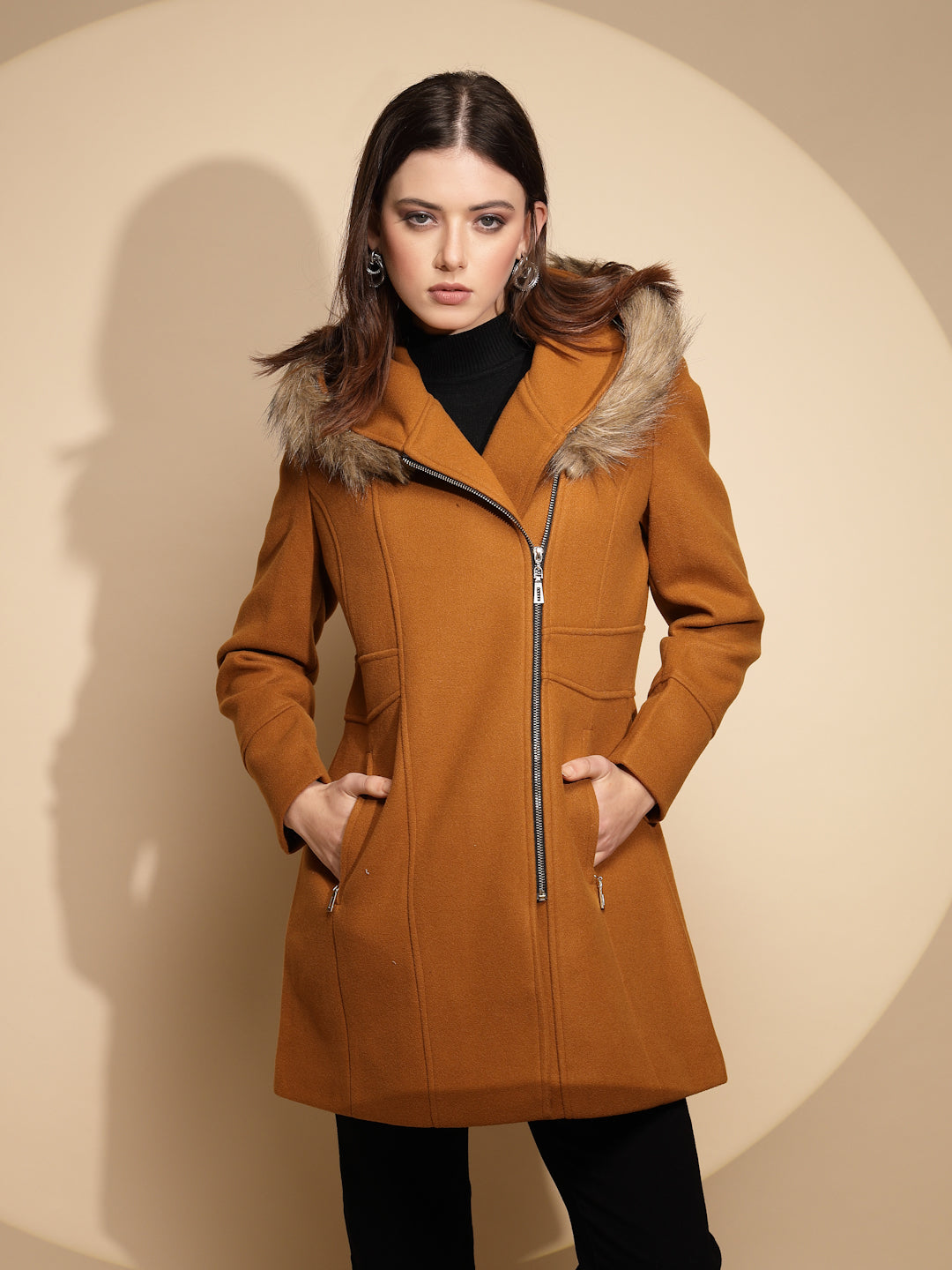 Mustard coat with fur hood sale