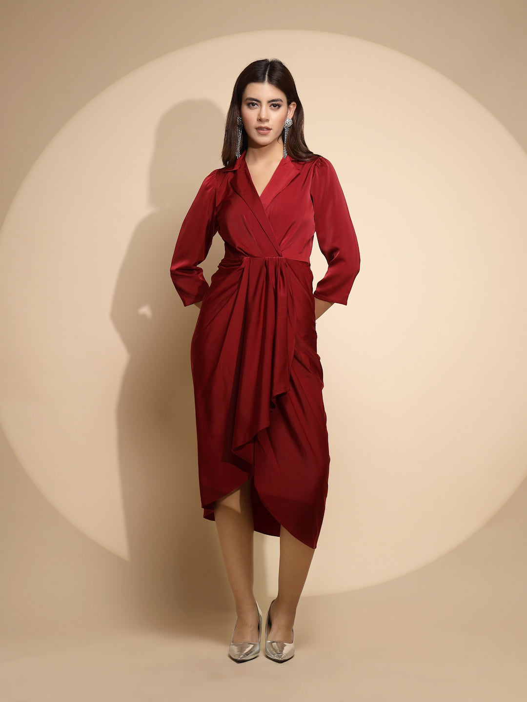 Blouson-Sleeve Shawl-Collar Wrap Dress