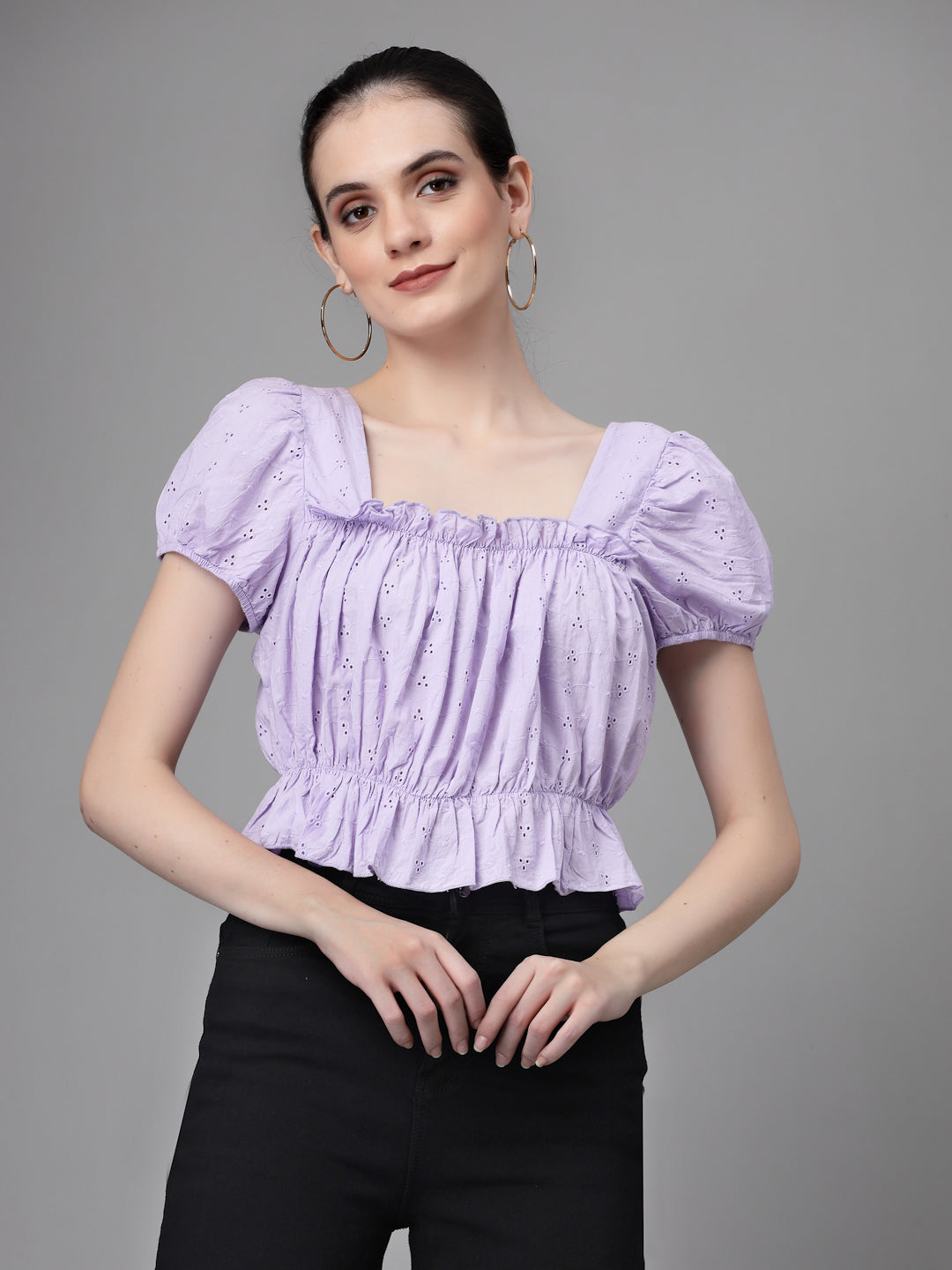 Women Lilac Square Neck Puffed Blouson Top