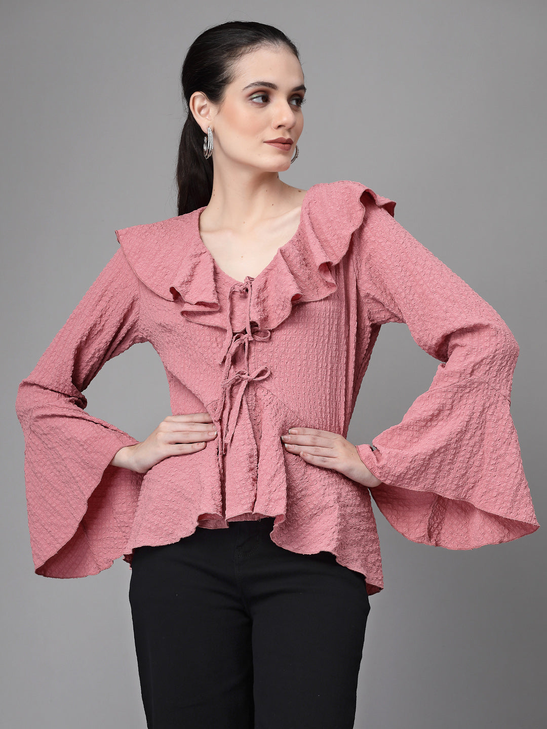 Women Bell Sleeves V Neck A Line Dusty Pink Blouson Top