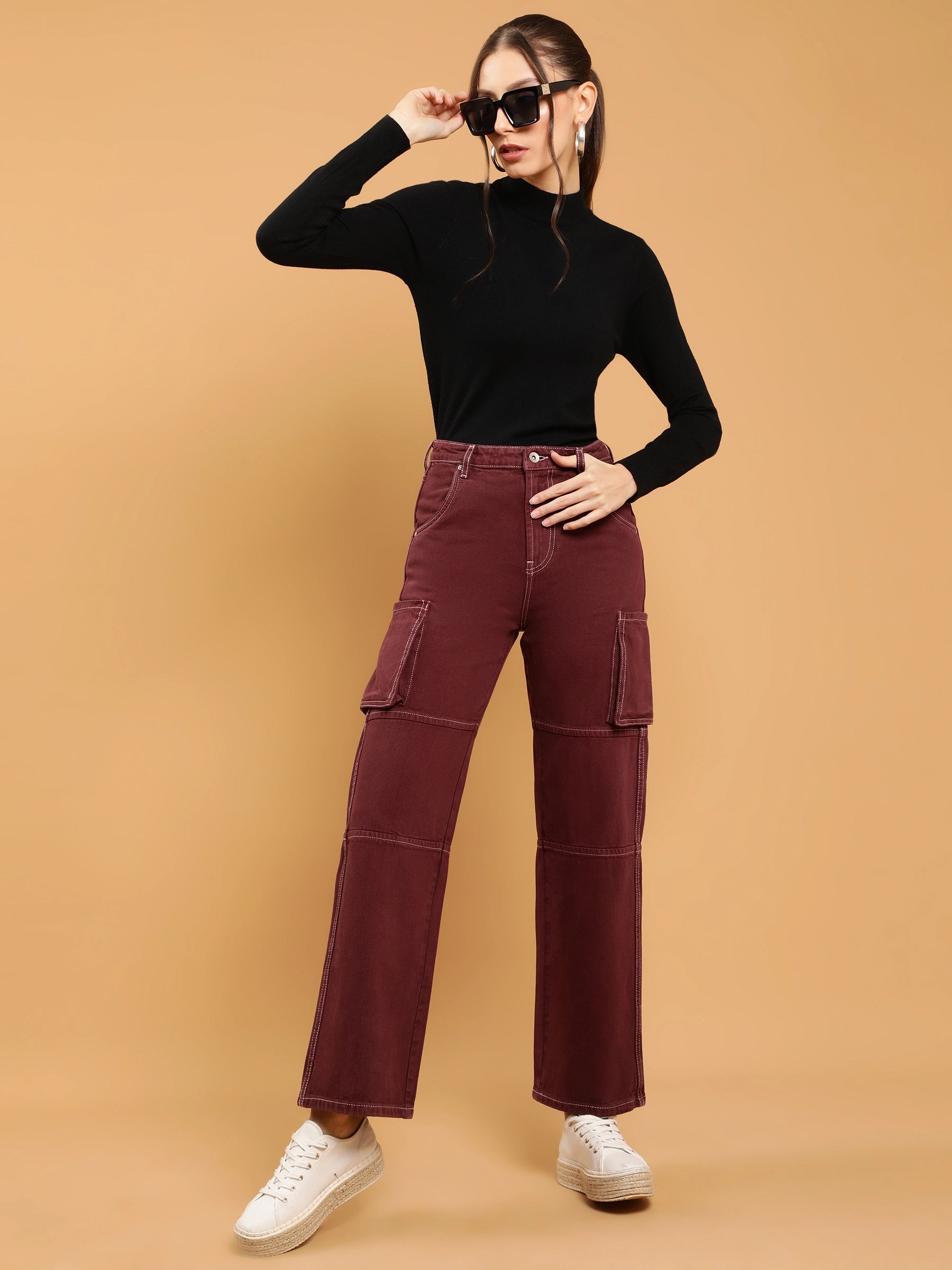High Waisted Jeans for Women Cargo Pants Straight Solid Color