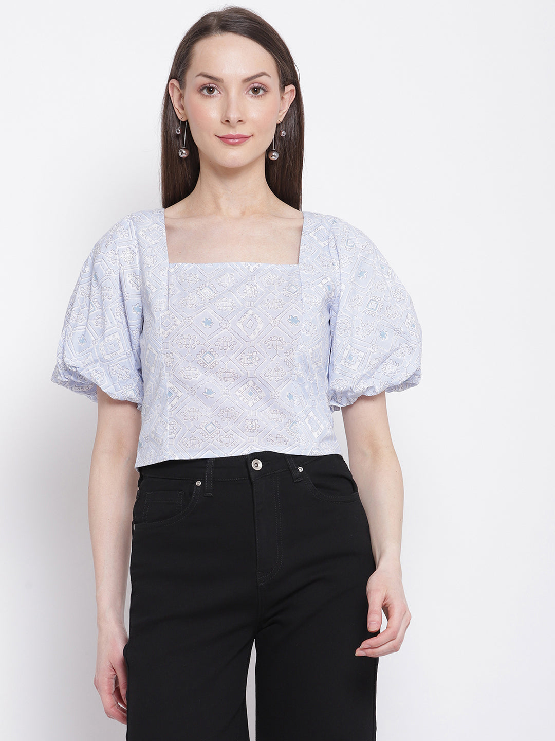 Square Neck Puff Sleeve Tie Waist Crop Top