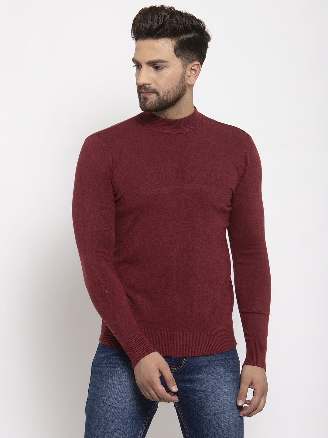 Men Maroon Solid Turtle Neck Pullover