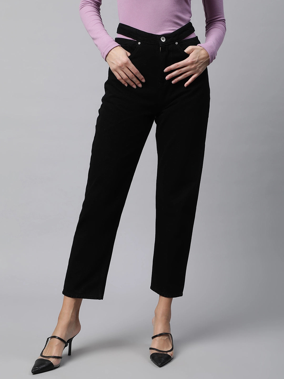 Women Tapered-Fit High Rise Cropped Length Black Jeans