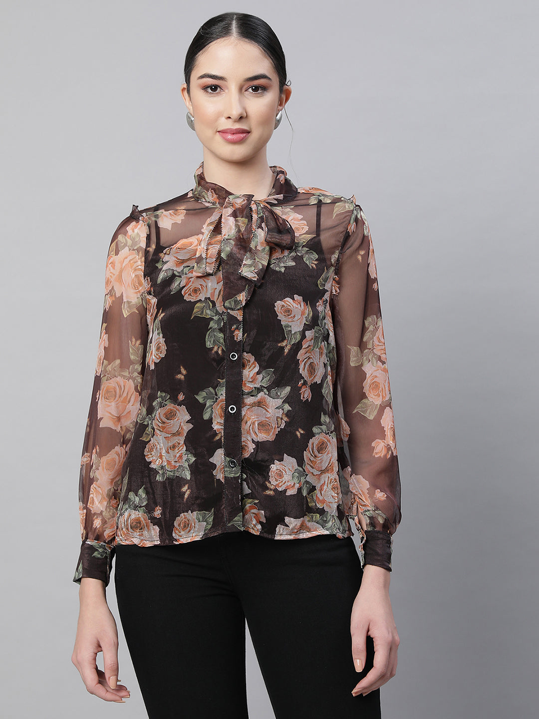 Buy Women Black Collar Neck Printed Georgette Shirt Global Republic