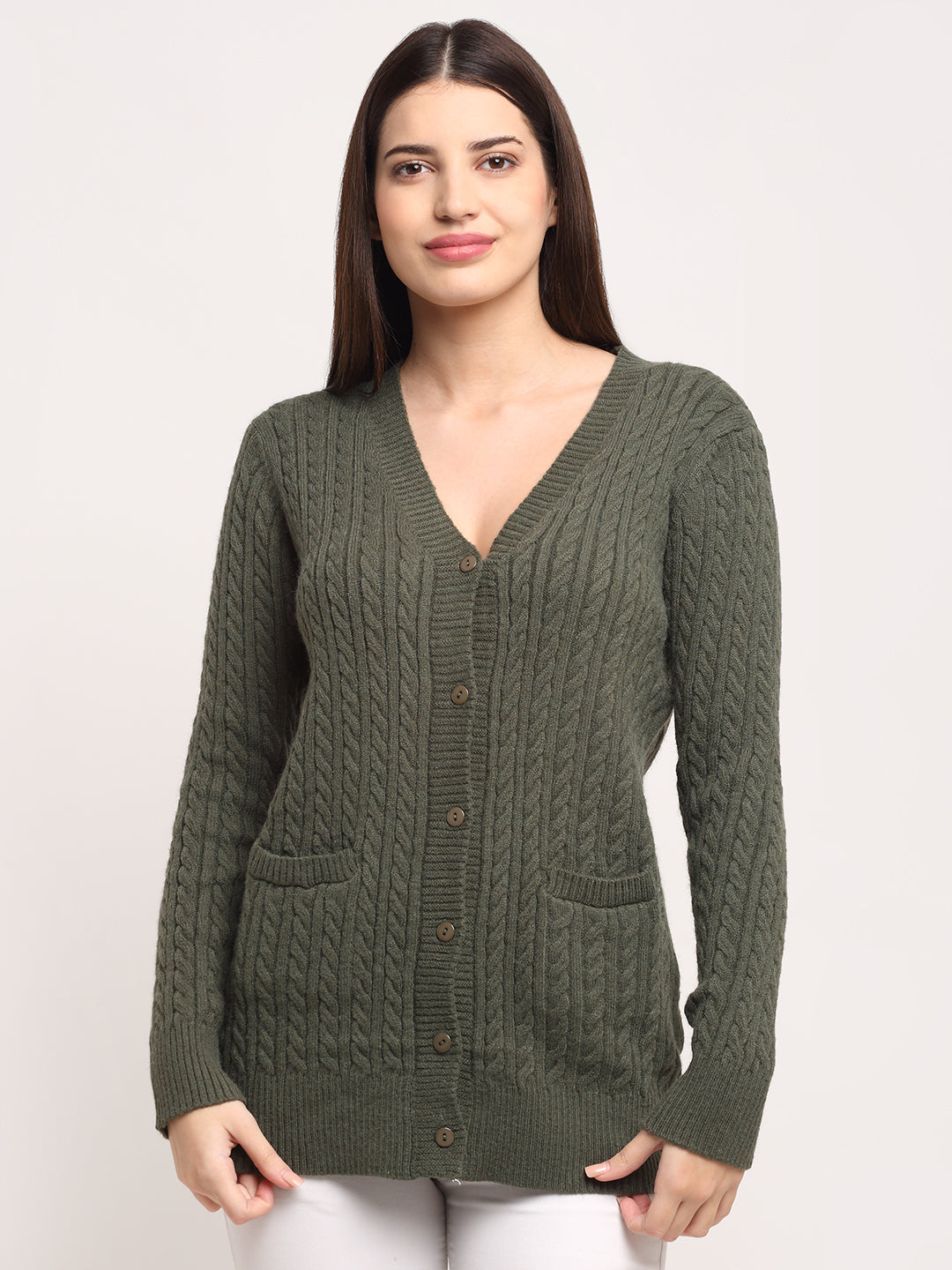 Women Olive Knitted V Neck Regular Fit Cardigan