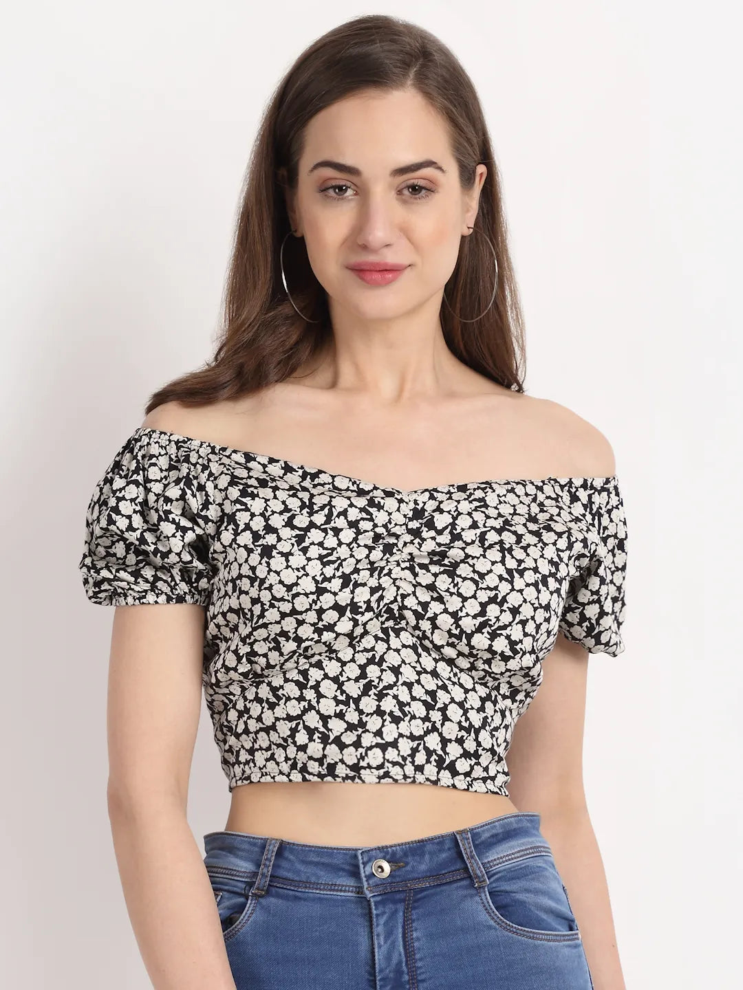 Women Off Shoulder Rayon Black Printed Fancy Cropped Blouse Top Tops for Ladies Online