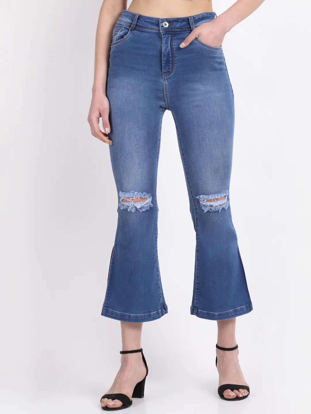 Women Bell-Bottom Cropped Length Distressed Blue Jeans