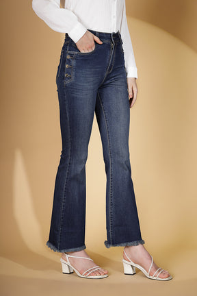 Women's Regular Fit Cotton Blend  High Rise Blue Boot Cut Jeans