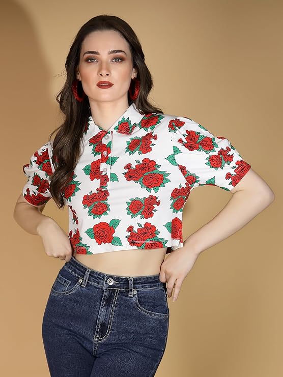 Women Collared Neck Floral Printed White Cropped Top