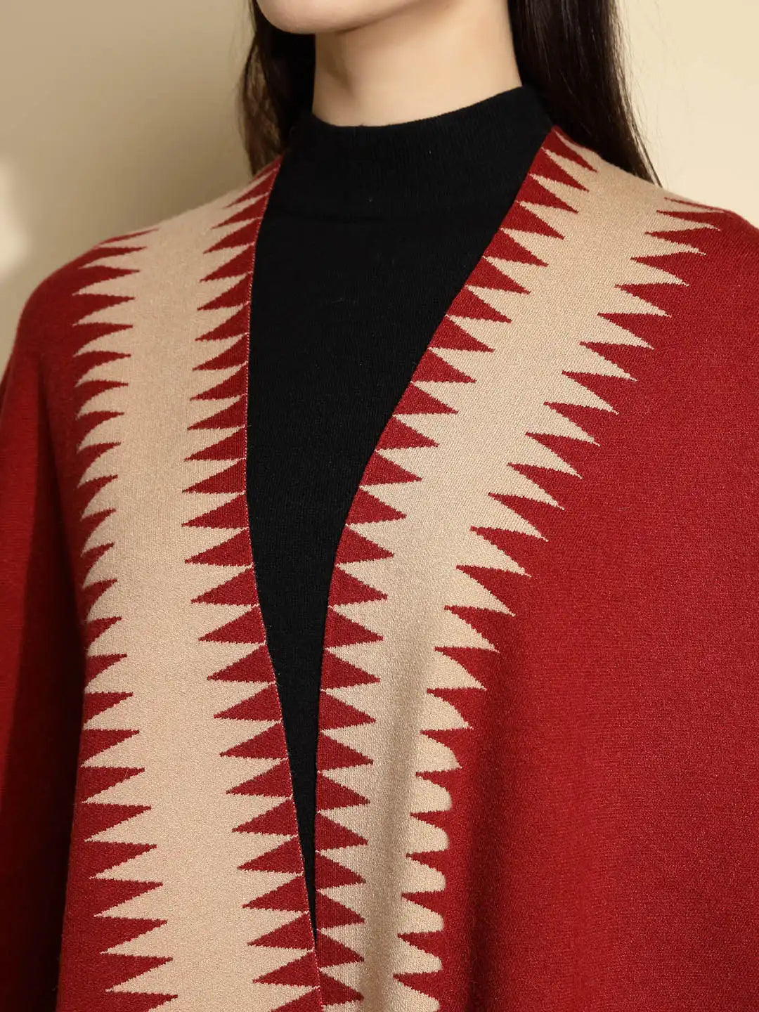 Maroon Abstract Print Three Quarter Sleeve Open Neck Knitted Winter Shrug