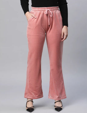 Women Pink Polyester Blend Corduroy High Rise Flared Leg Lower