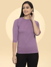 Women Purple Solid Round Neck Regular Print Pullover