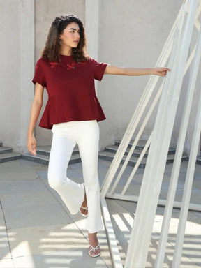 Red Applique Embroidery Cotton Blend Relaxed Fit Top