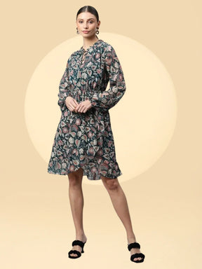 Women Bottle Green Floral Printed Dress