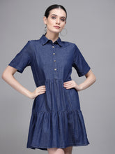 Women Blue Collar Neck Denim Dress