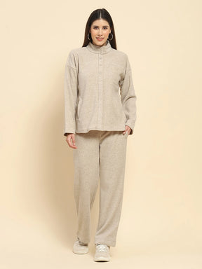 Beige Mélange Poly Blend Solid Relaxed Fit Night Suit For Winter