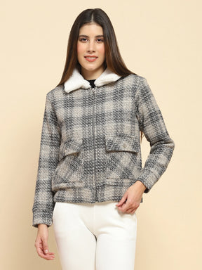 Black Poly Blend Checkered Regular Fit Shacket For Winter