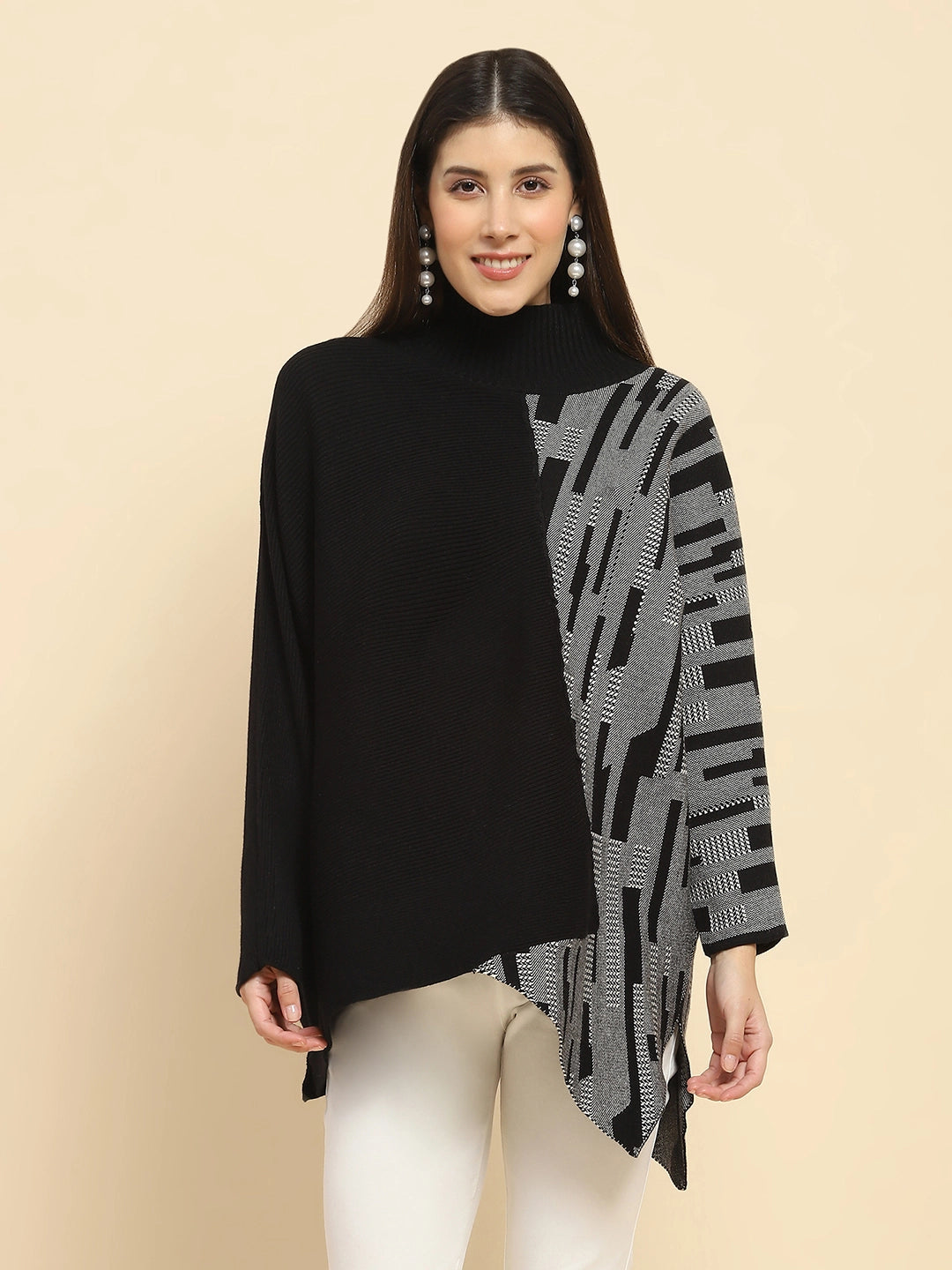 Black Poly Blend Knit Print Relaxed Fit Pullover