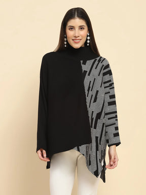 Black Poly Blend Knit Print Relaxed Fit Pullover