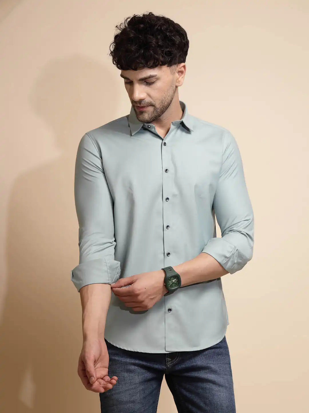 Blue Solid Full Sleeve Collar Neck Cotton Blend Shirt