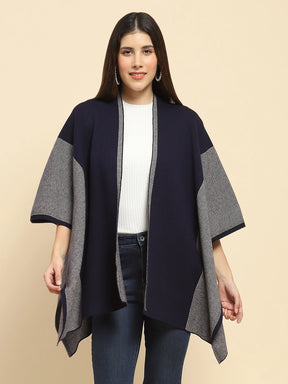 Navy Blue Poly Blend Printed Loose Fit Winter Shrug