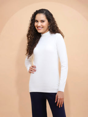 Off White Turtle Neck  Solid Snug Fit Skivvy Pullover