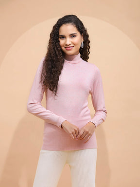 Women Pink Silver Turtle Neck Full Sleeve Snug Fit Skivvy