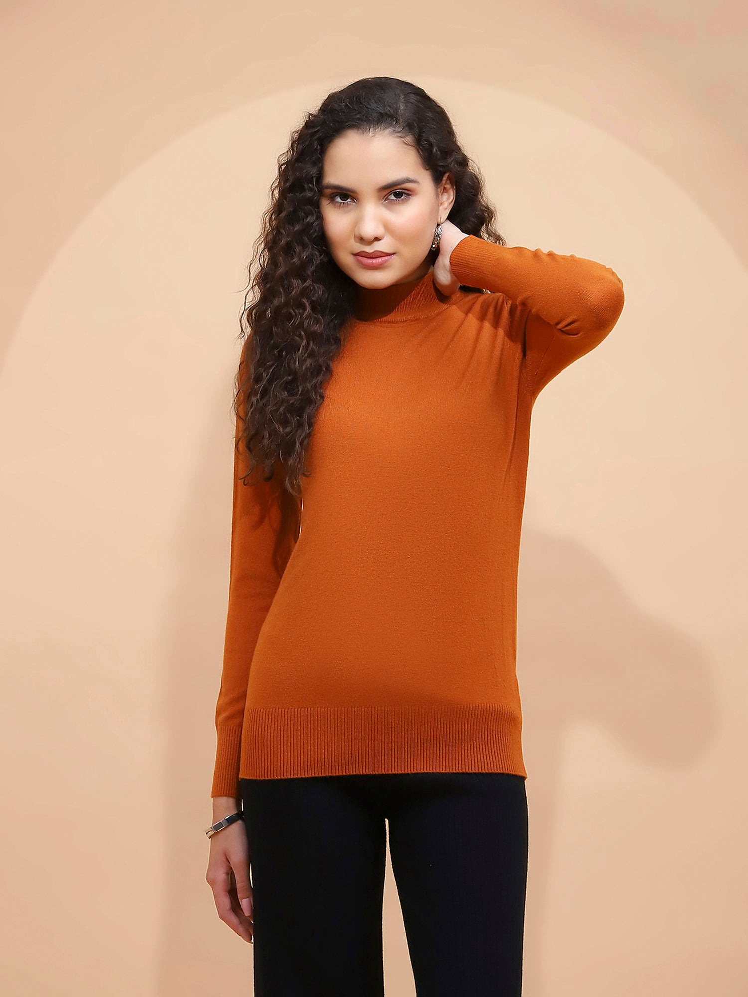 Women Rust Turtle Neck Full Sleeve Snug Fit Skivvy