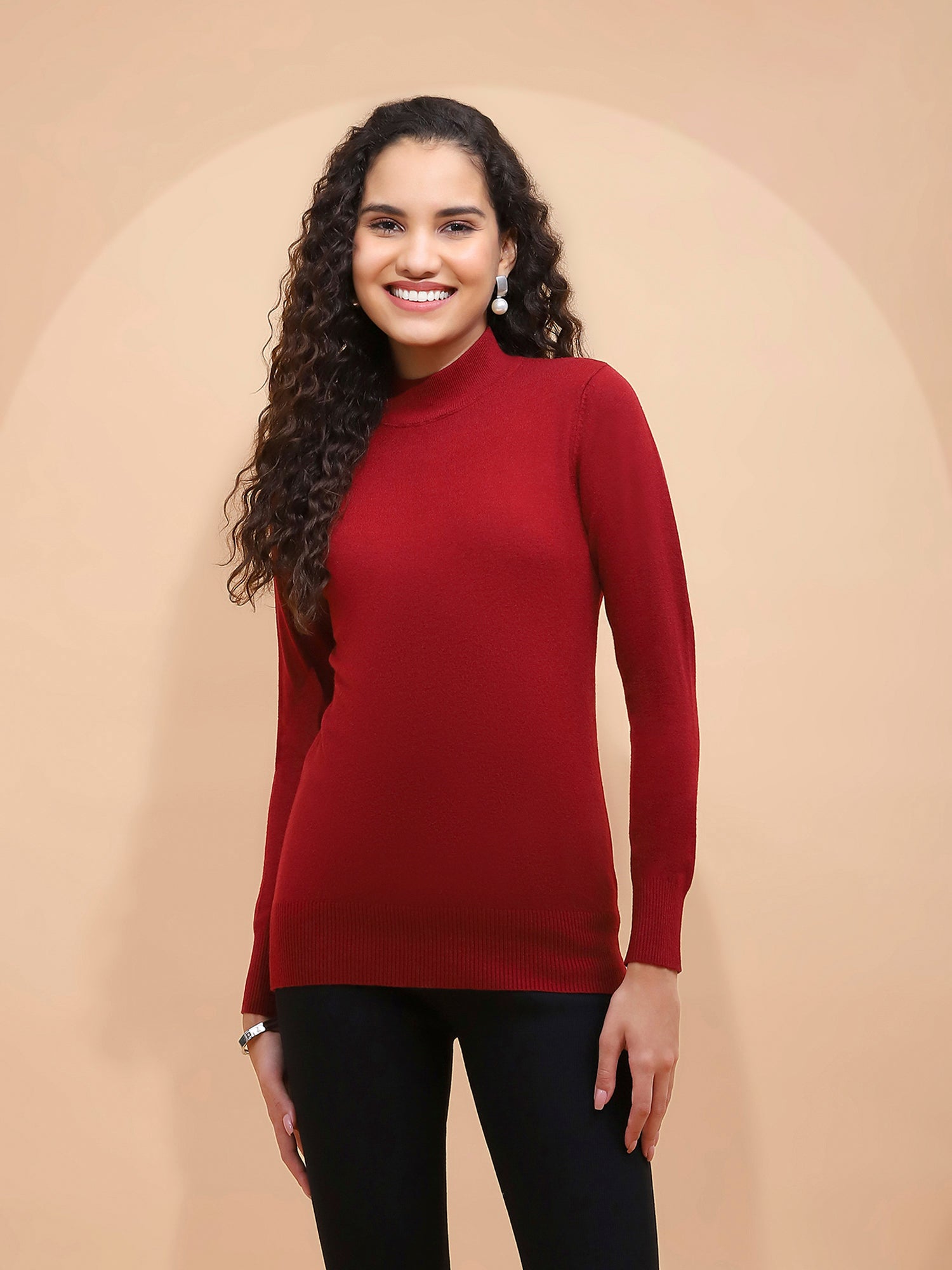 Women Wine Turtle Neck Full Sleeve Snug Fit Skivvy