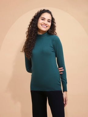 Women Bottle Green Turtle Neck Full Sleeve Snug Fit Skivvy