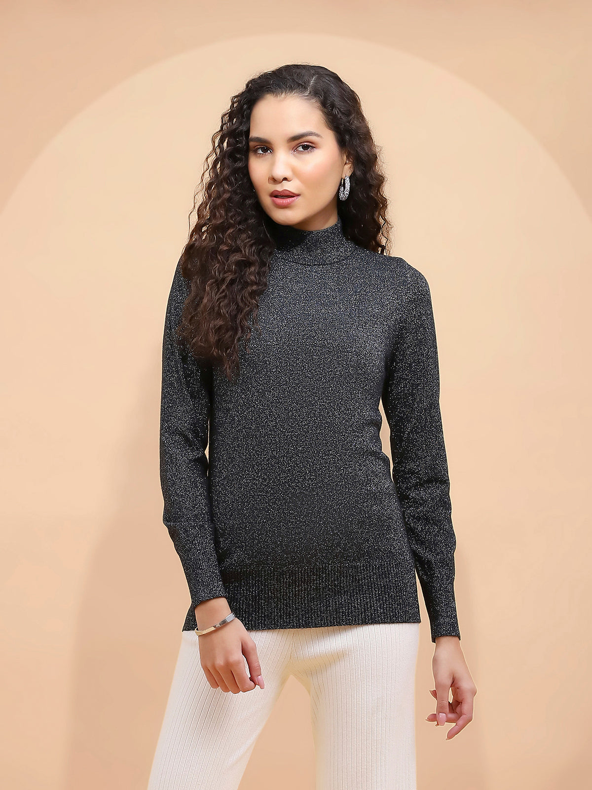 Women Black And Silver Turtle Neck Full Sleeve Snug Fit Skivvy