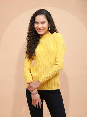 Mustard Solid Poly Viscose Slim Fit High Neck Skivvy Pullover