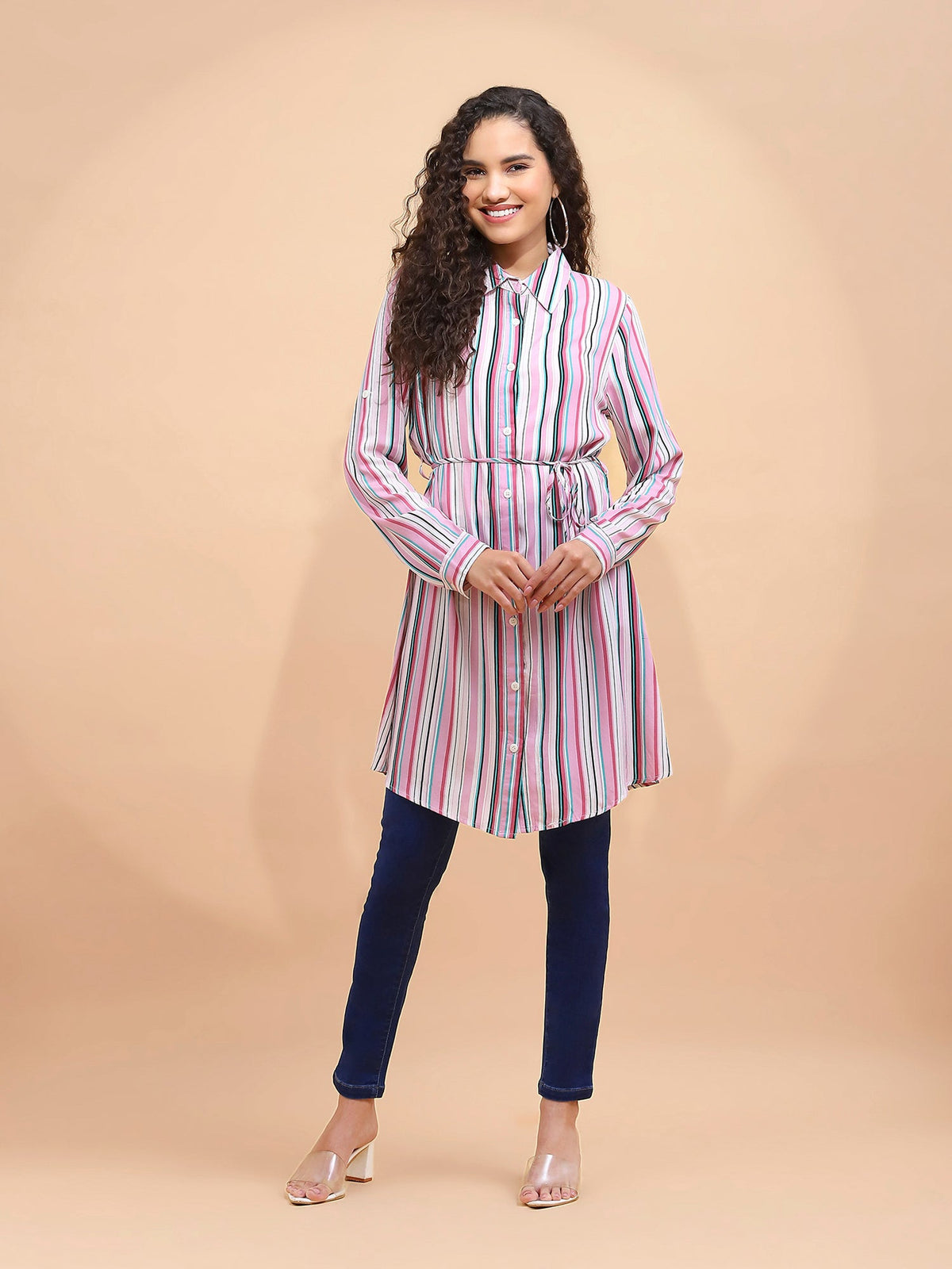 Women Straight Fit Pink & Multi Color Vertical Lines Tunic