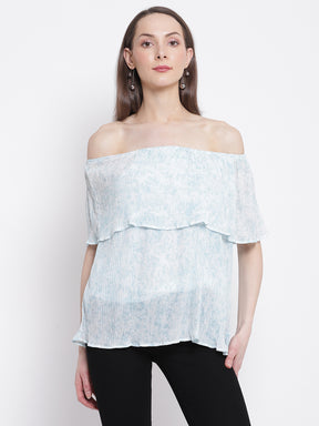 Women White & Blue A-Line Fit Off Shoulder Top