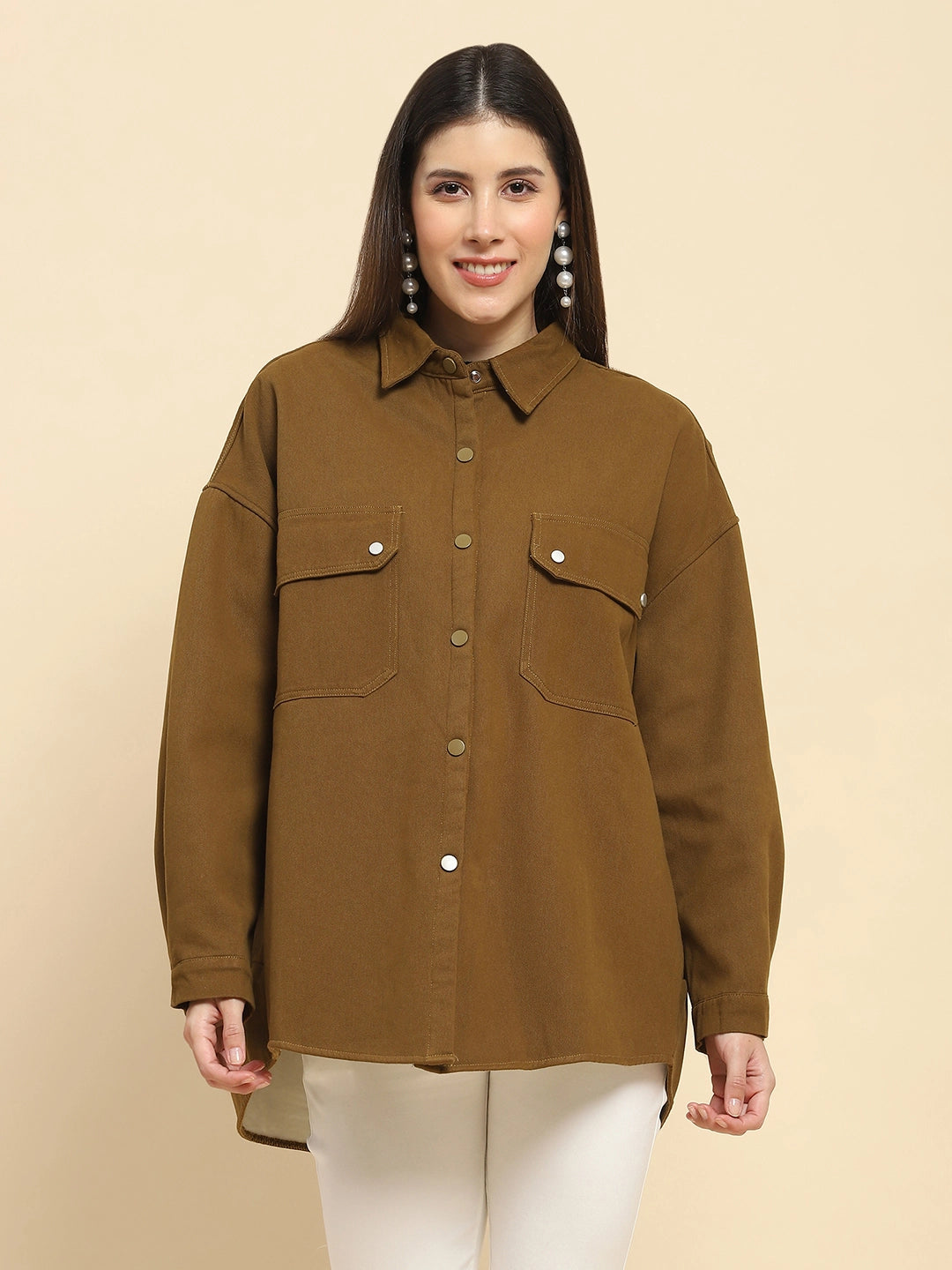 Brown Cotton Oversized Solid Shacket With Fleece Lining For Winter