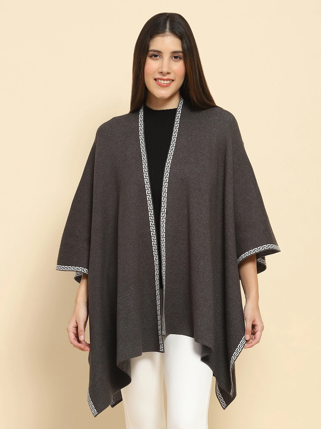 Dark Grey Poly Blend Solid Knit Loose Fit Winter Shrug