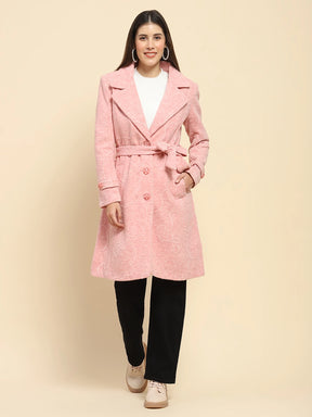 Pink Poly Acrylic Embroidered Relaxed Fit Long Coat For Winter