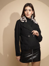 Women Black Solid Collared Neck Full Sleeve Wool Blend Coat