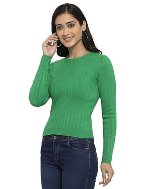 Women Rama Green Solid Round Neck Pullover