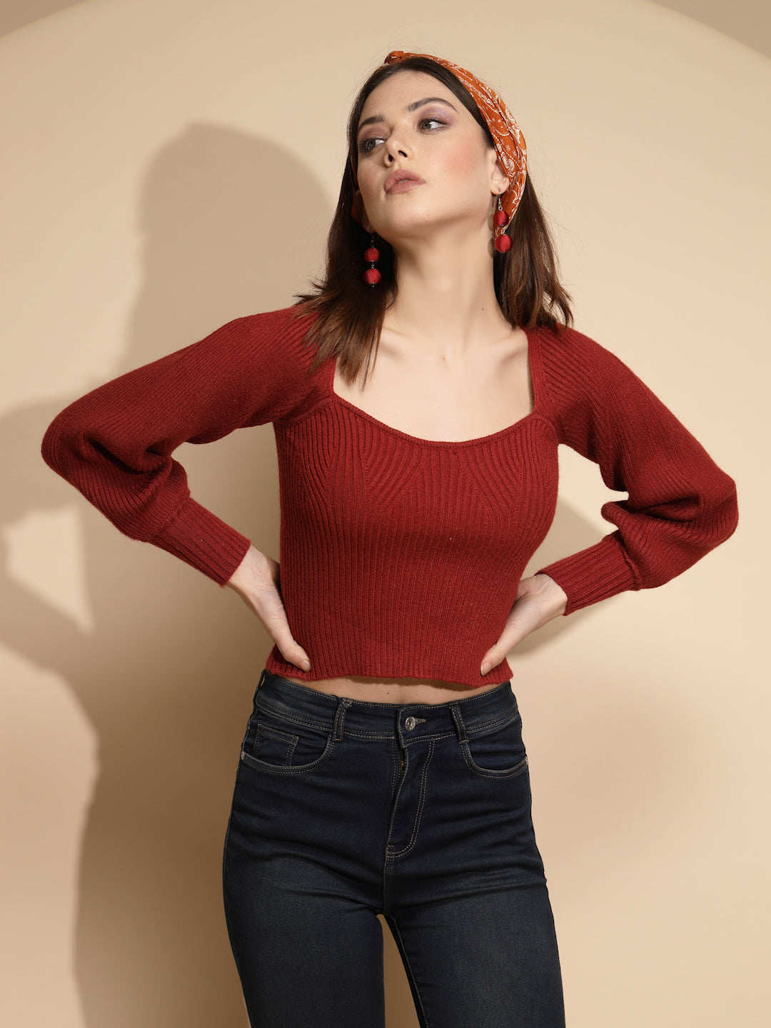 Women Maroon Solid Scoop Neck Full Sleeve Woolen Pullover