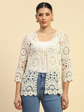 Beige Cotton Loose Fit Shrug For Women