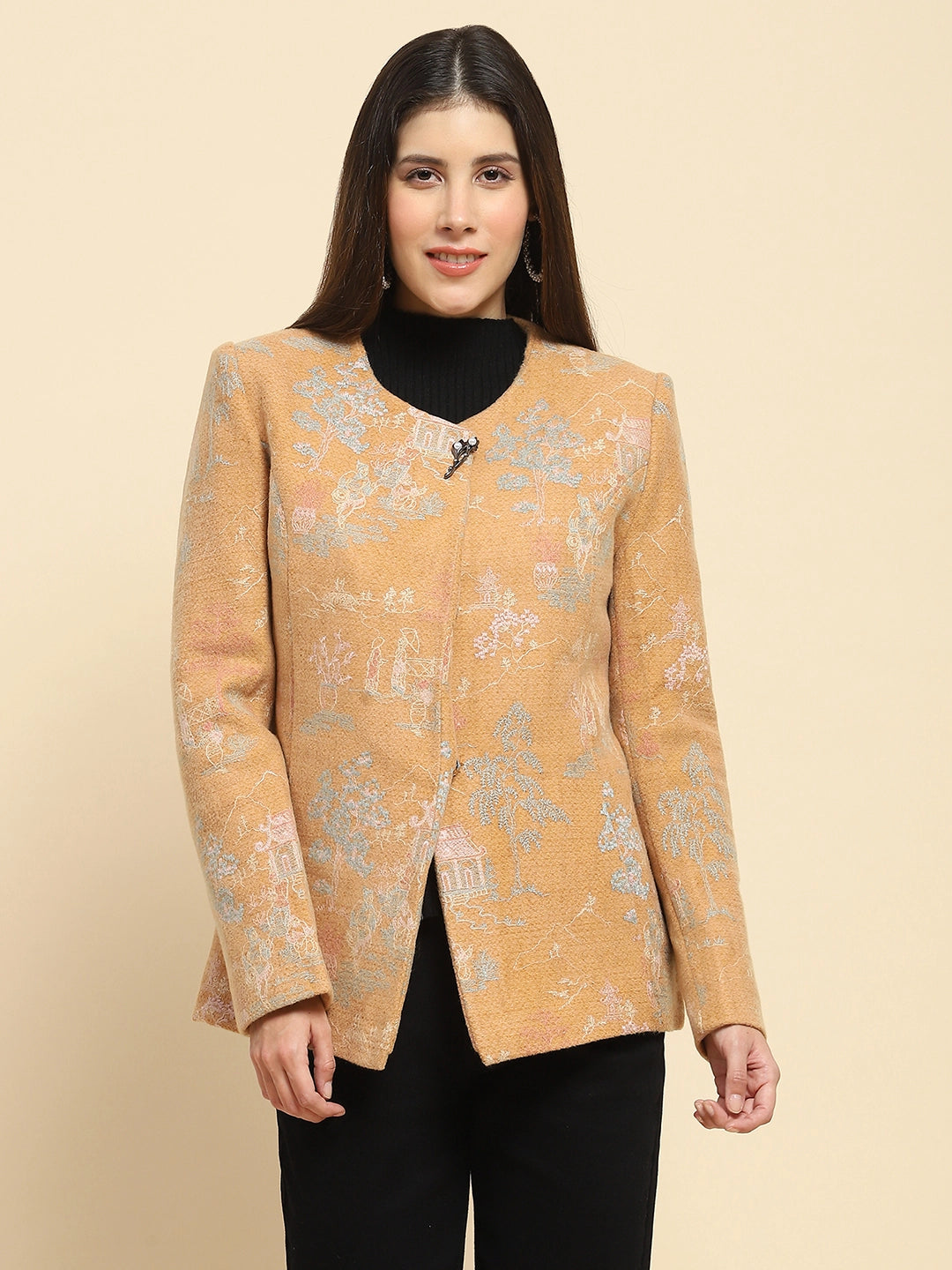 Tan Brown Poly Acrylic Thread Embroidered Regular Fit Coat For Winter