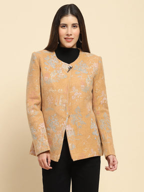 Tan Poly Acrylic Thread Embroidered Regular Fit Coat For Winter