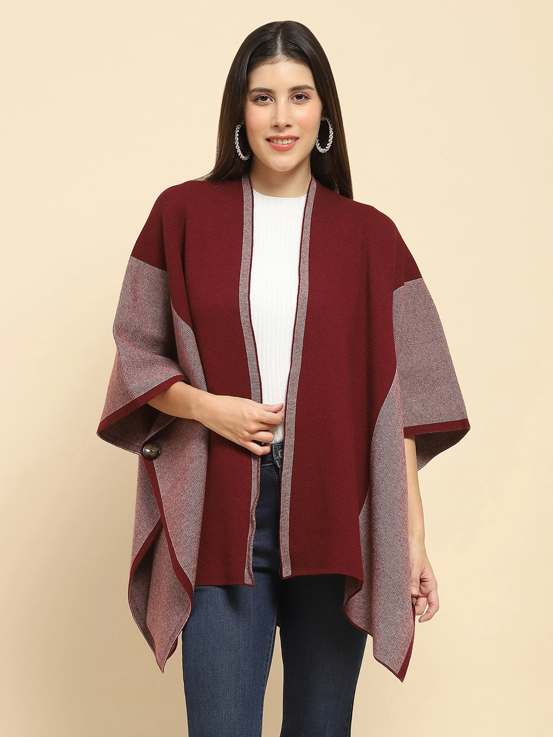 Maroon Poly Blend Printed Loose Fit Winter Shrug