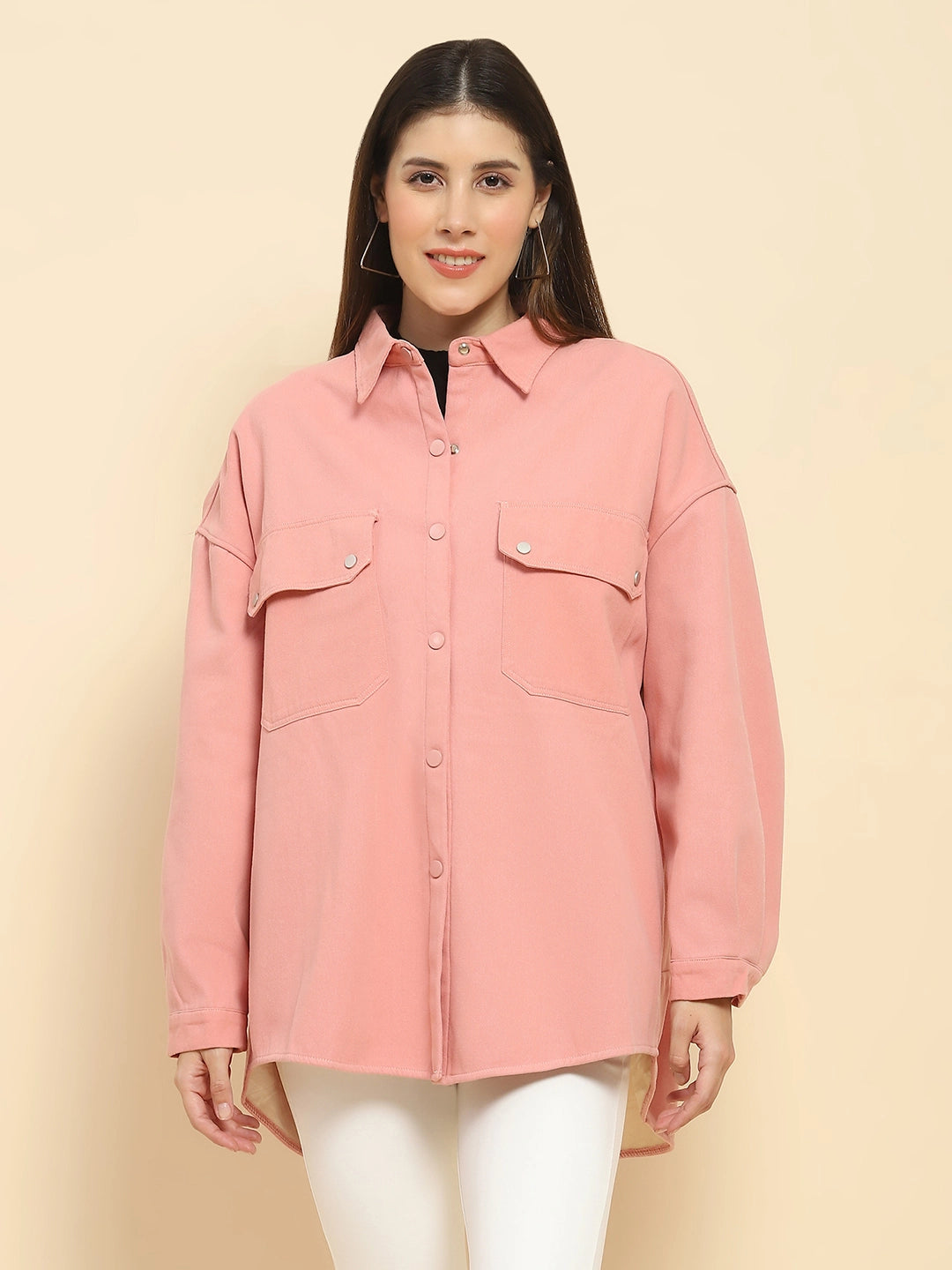 Pink Cotton Solid Oversized Shacket With Fleece Lining For Winter