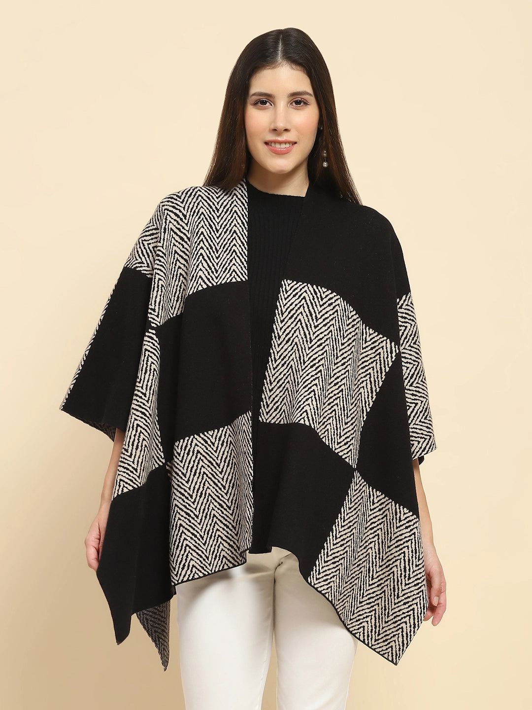 Black Poly Blend Color Block Loose Fit Winter Shrug