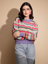 Multicolor Striped Full Sleeve Knitted Regular Fit Pullover