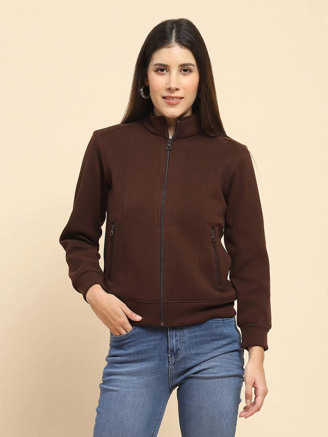 Coffee Brown Poly Blend Solid Relaxed Fit Sweat Shirt