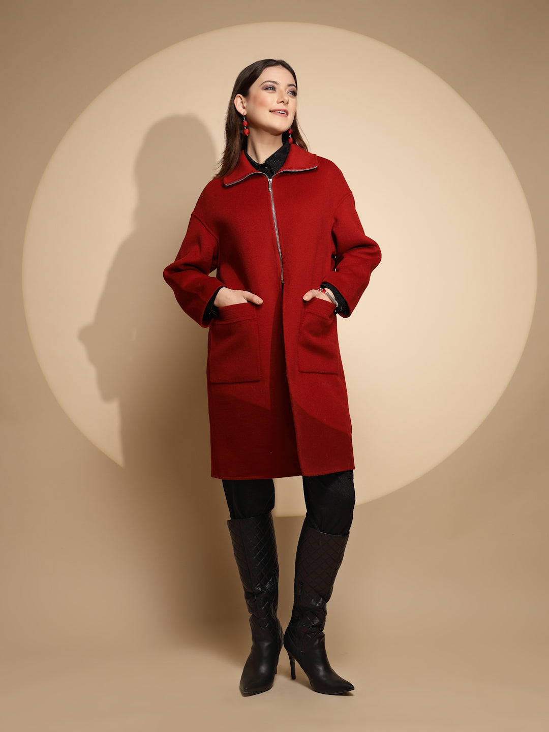 Women Red Solid Collared Neck Full Sleeve Woolen Long Coat